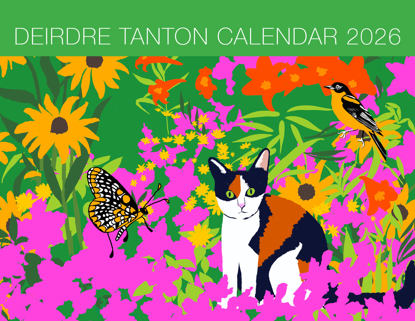 Calendar cover with a cat, butterfly, and flowers on a green background
