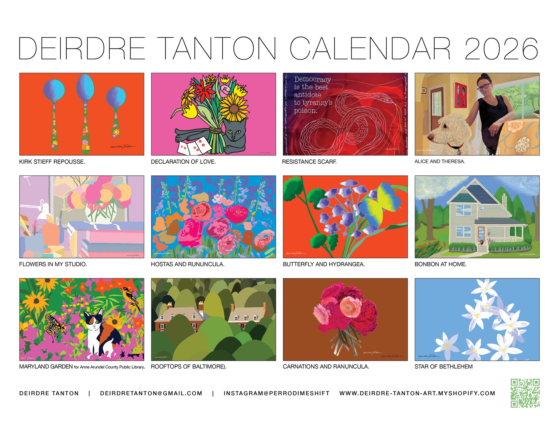 Deirdre Tanton 2026 calendar with colorful artwork featured on each of the twelve months.