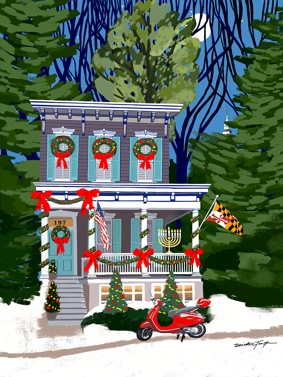 Decorative illustration of a house with Christmas wreaths and decorations, surrounded by trees, a scooter and in the distance the Maryland State House.