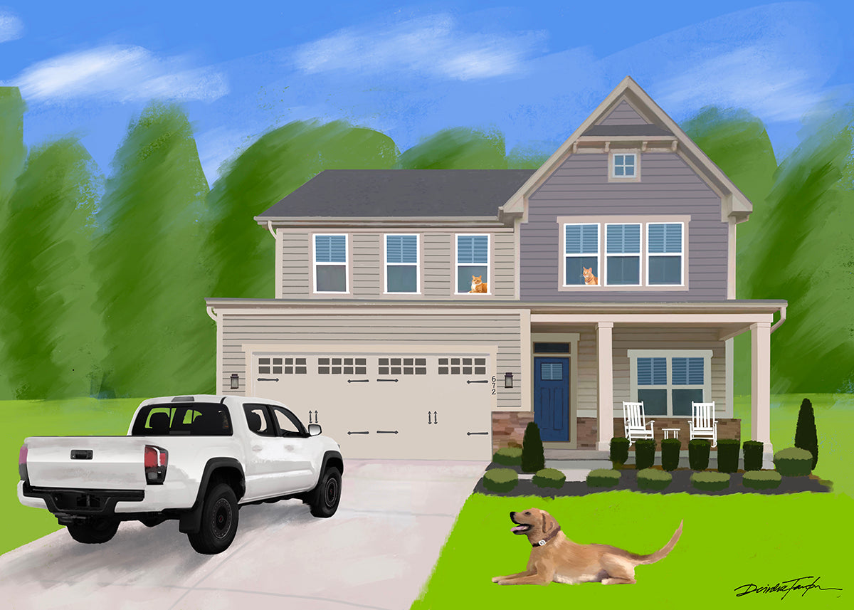 House with white truck and dog in front. Two cats look out below from second floor windows. The house is surrounded by greenery.