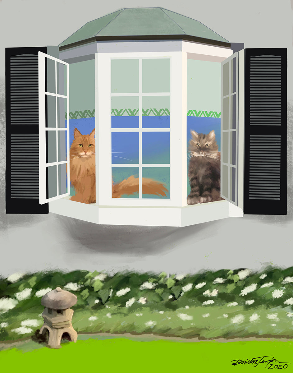 Illustration of two cats looking out a bay window into a garden outside.
