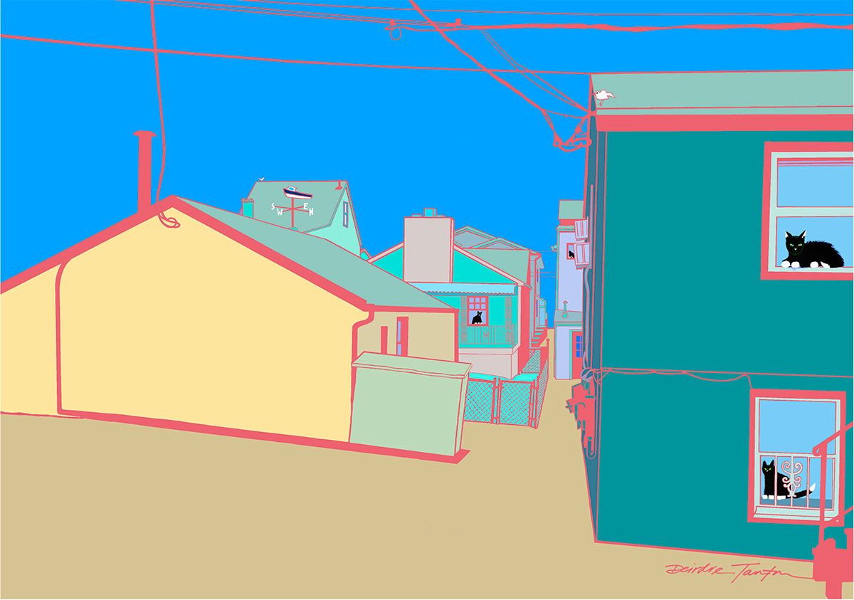 Colorfully stylized drawing of houses with cats in windows against a blue sky background. 