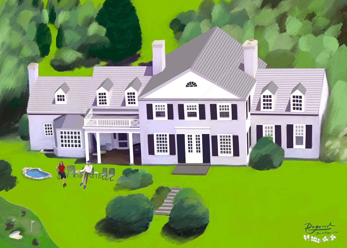 Large white house with black shutters on a green lawn with people, a small pond and a putting green.