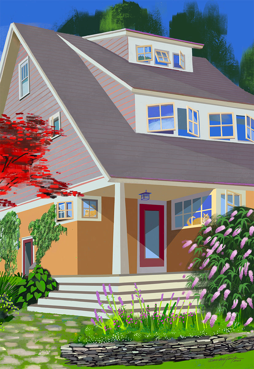 Painting of a two-story house with a red door and garden