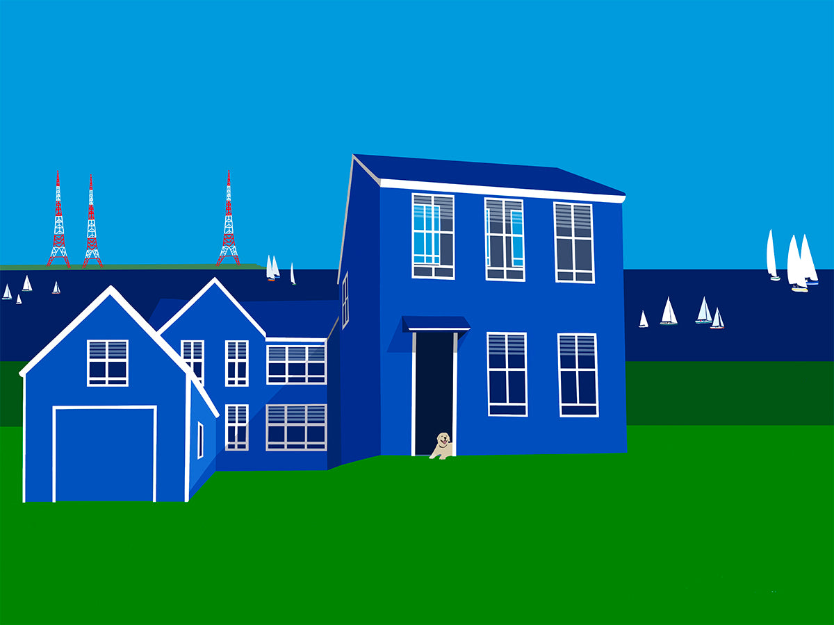 Illustration of a blue house with an open door, surrounded by green grass and a blue sky with sailboats.