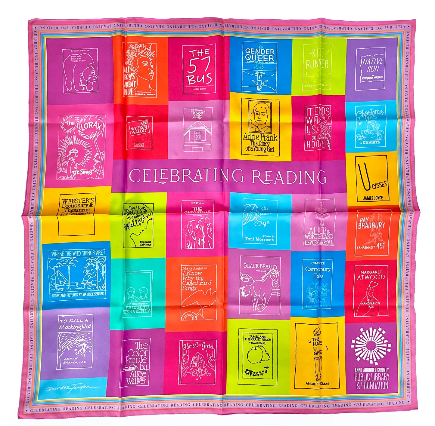 This colorful upbeat scarf celebrates reading with a depiction of 30 classic books illustrated with simplified line on bright fields of color. Scarf dimensions: 36” square.