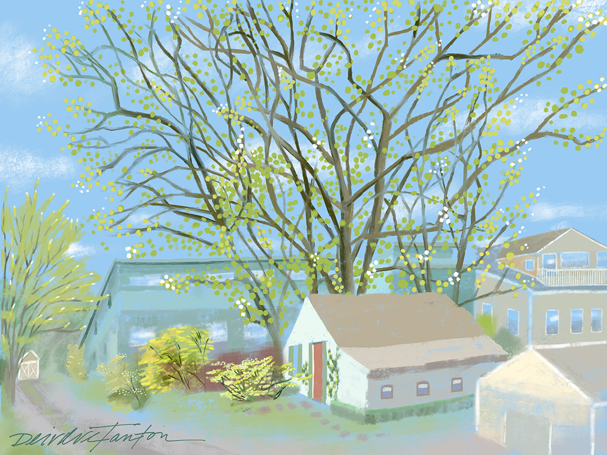 Painting of a small town with houses and trees under a blue sky.