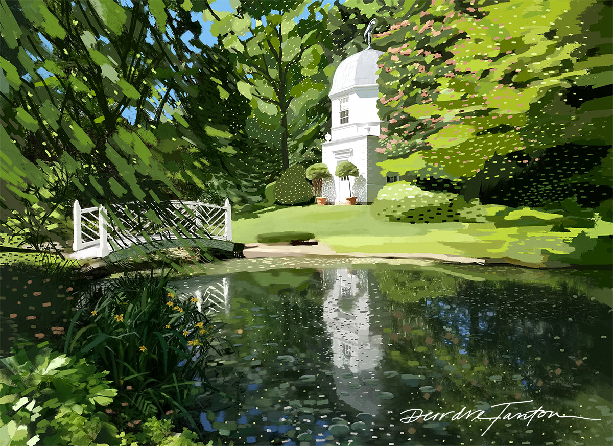 Garden scene with a pond, bridge, and white building called "Summerhouse."