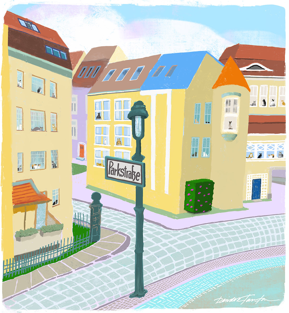 Colorful street scene with buildings and a 'Parkstraße' sign.