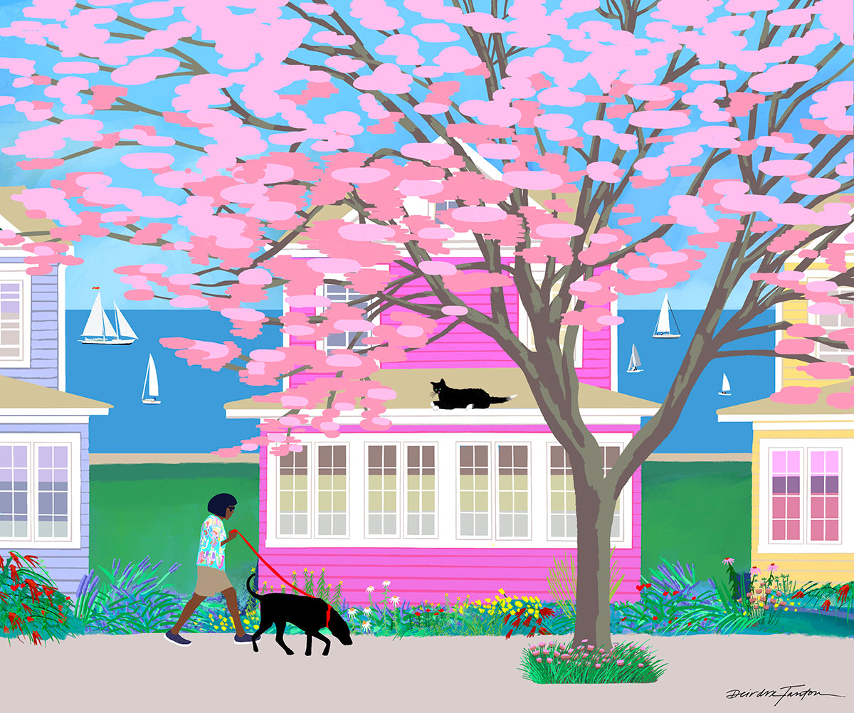 Colorful illustration of a person walking a dog under a pink blossoming tree as a cat watches from a porch roof. Boats are sailing in the background.
