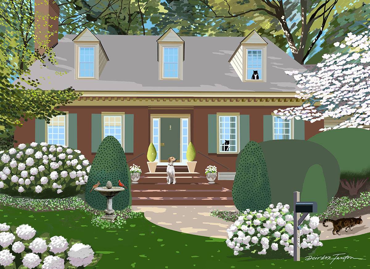 Illustration of a house with a garden pets,  a bird bath and 